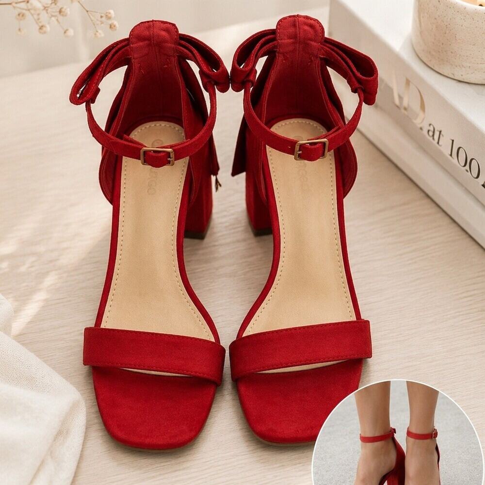 Women’s Red Open Toe Ankle Strap Block Heel Sandals Bow Detail cute velvet
